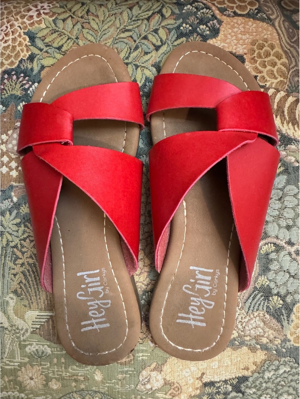 Hey Girl by Corkys Red Criss-Cross Slide Sandals - Size 7